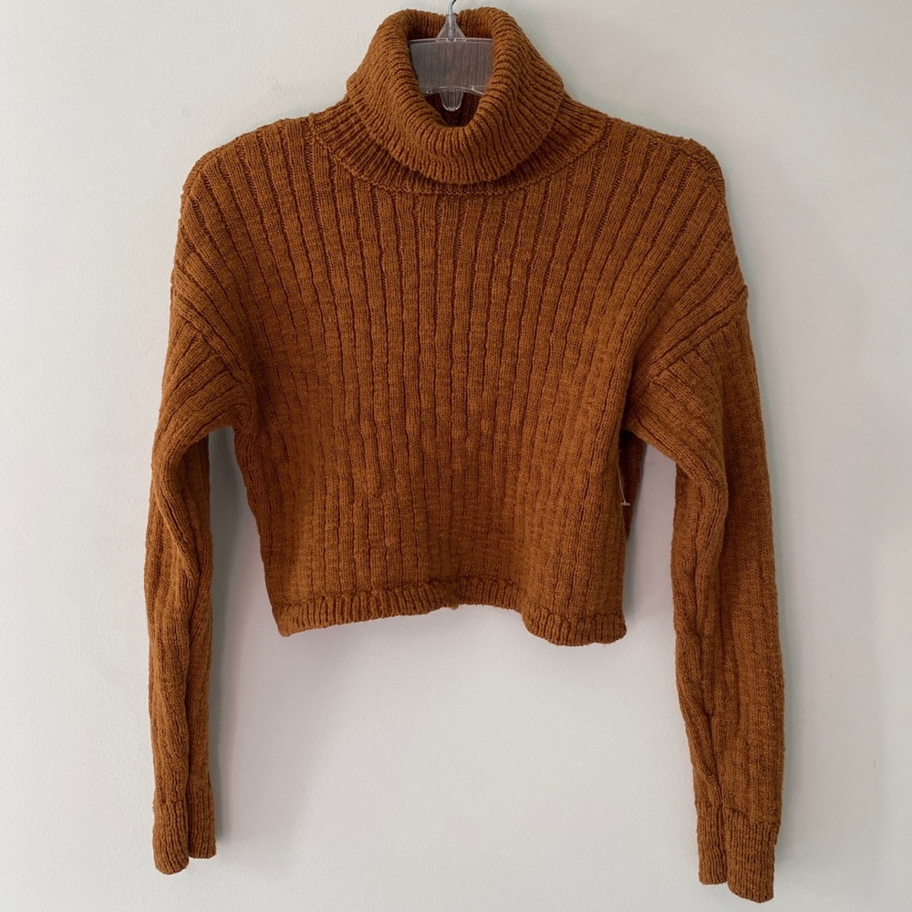 Forever 21 Cropped Turtle Neck Sweater Size Small Boho Chunky Knit Orange Brown
